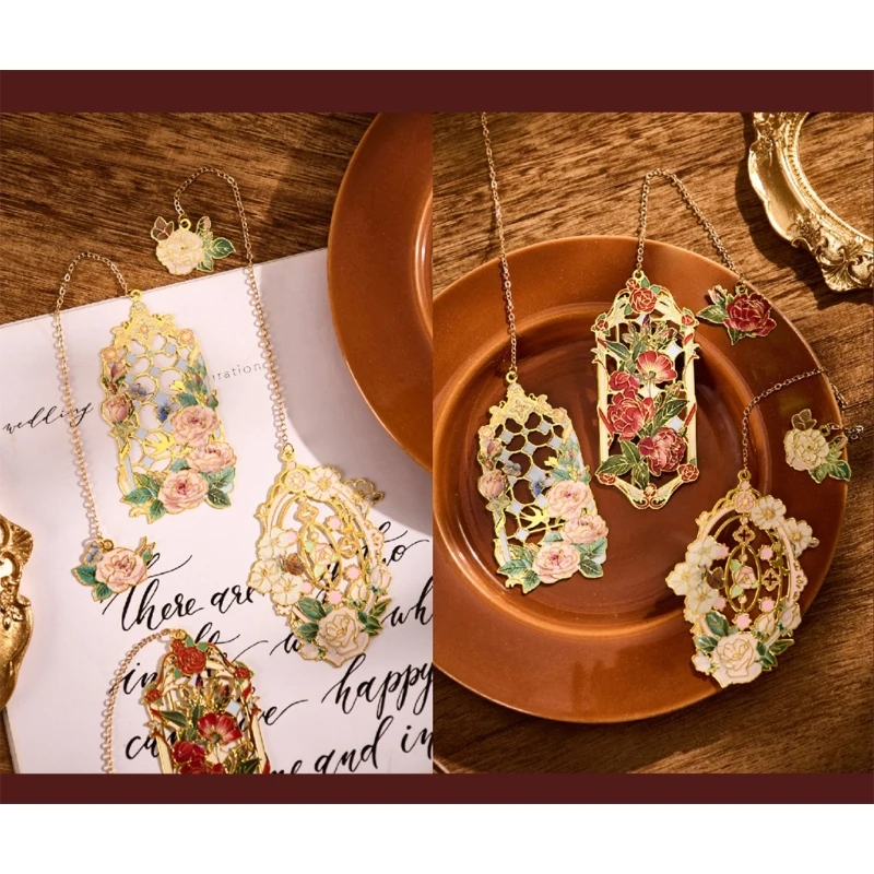 4Pcs Flower Pendant Bookmarks with Chain, for Book Lover Reader Teacher