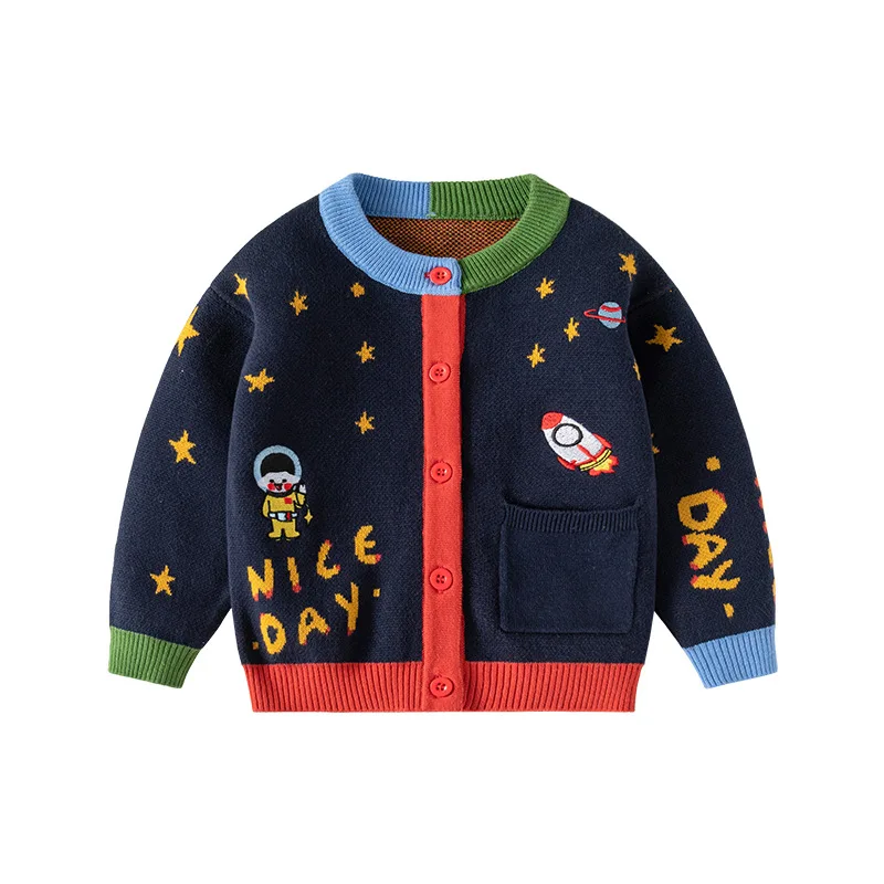 Spring Autumn 2-6 Year Children Boy Cardigan Astronaut Star Patchwork Little Boys Sweater Colorful Side Packet Baby Boy Knitwear