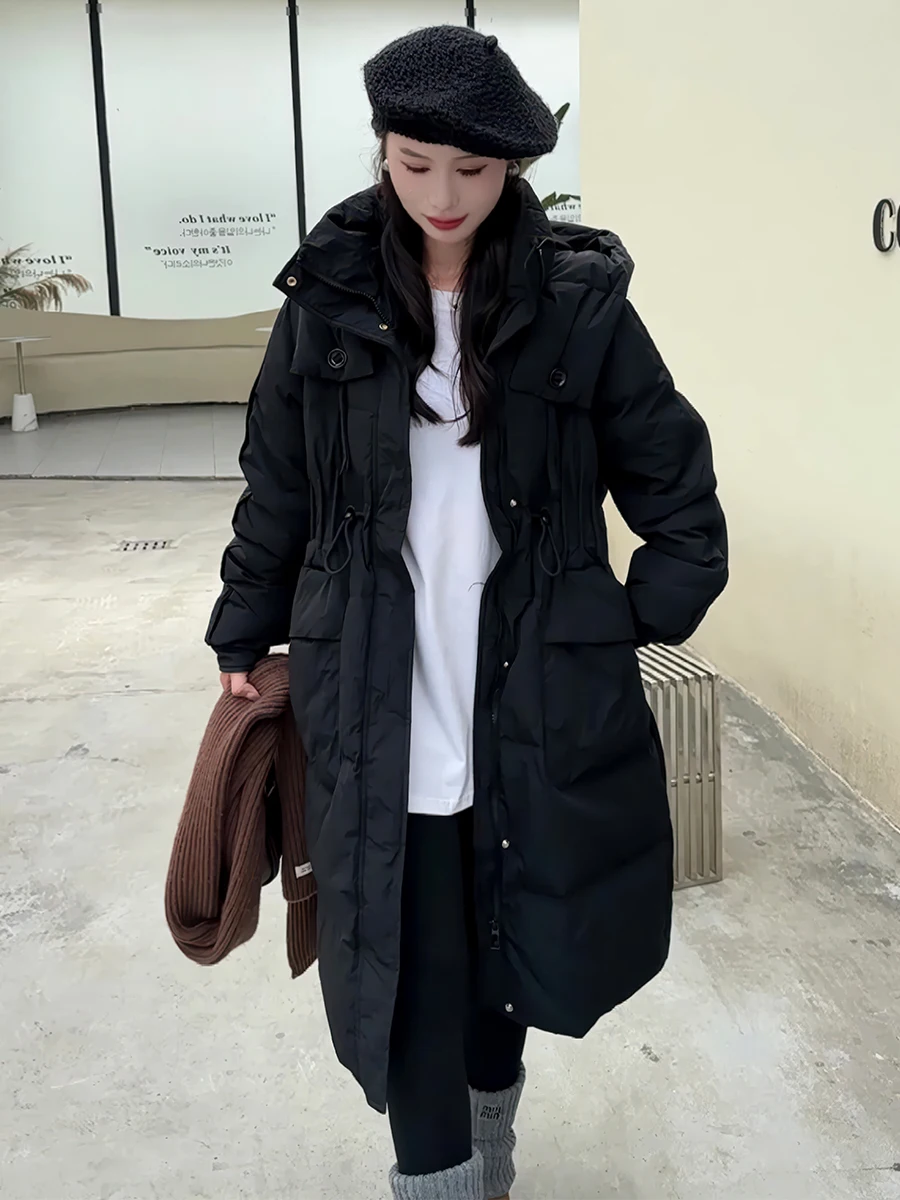 معطف طويل أبيض محشو بالريش للنساء، معطف شتوي أنيق جديد مع قلنسوة للتنقل اليومي