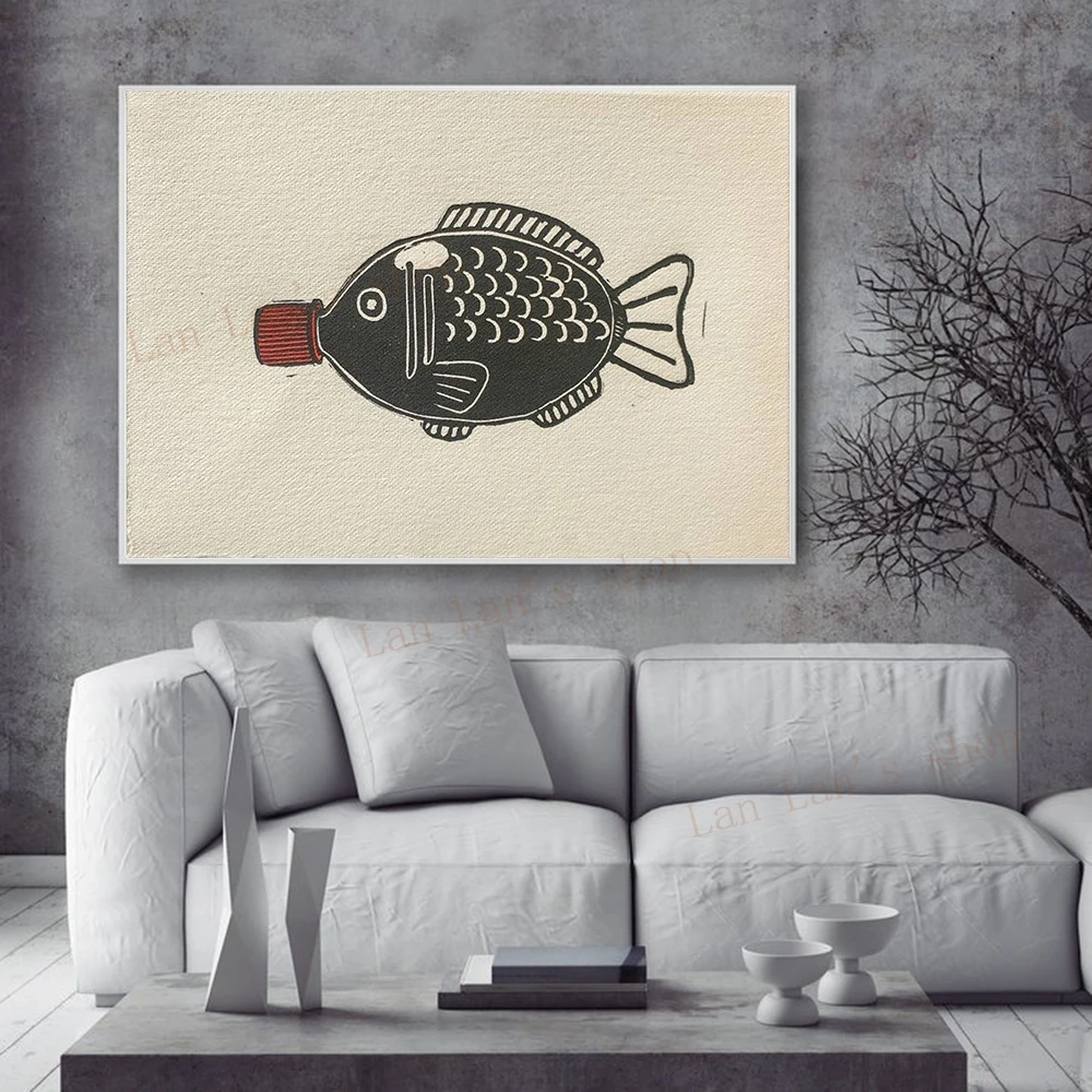 Soy Sauce Fish Poster Sushi Prints Fish Soy Fish Linoleum Printing Japanese Art Canvas Painting Wall Picture Now Kitchen Decor