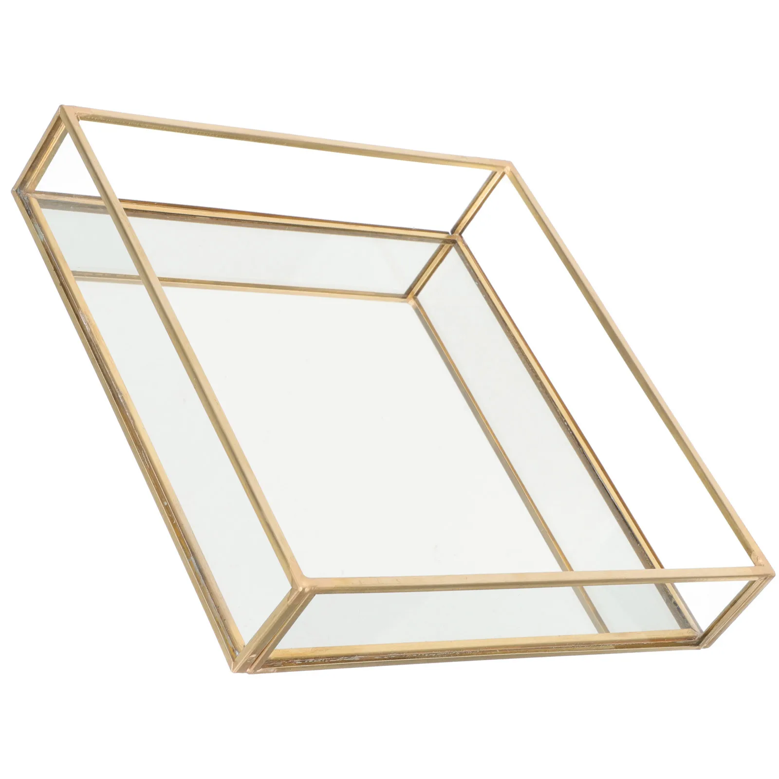 

Yellow Brass Frame Vanity Tray Glass Makeup Organizer Perfume Stand Decorative Tray for Bathroom Dresser Countertop Decor