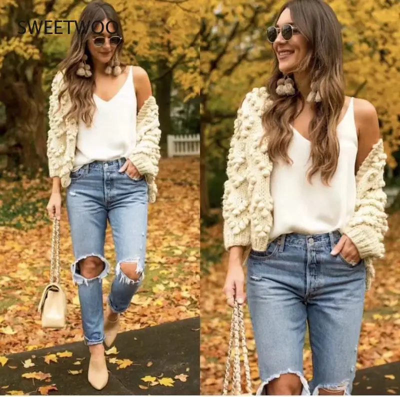 2024 Autumn and Winter New Women's Wool Ball Bat Needle Thick Line Loose and Thin Short Sweater Cardigan Jacket Women