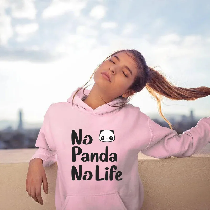 Kawaii Panda Hoodie Women Print No Panda No life Sweatshirt Autumn and Winter Hoodies Hooded Letter Clothes Streetwear Hoody