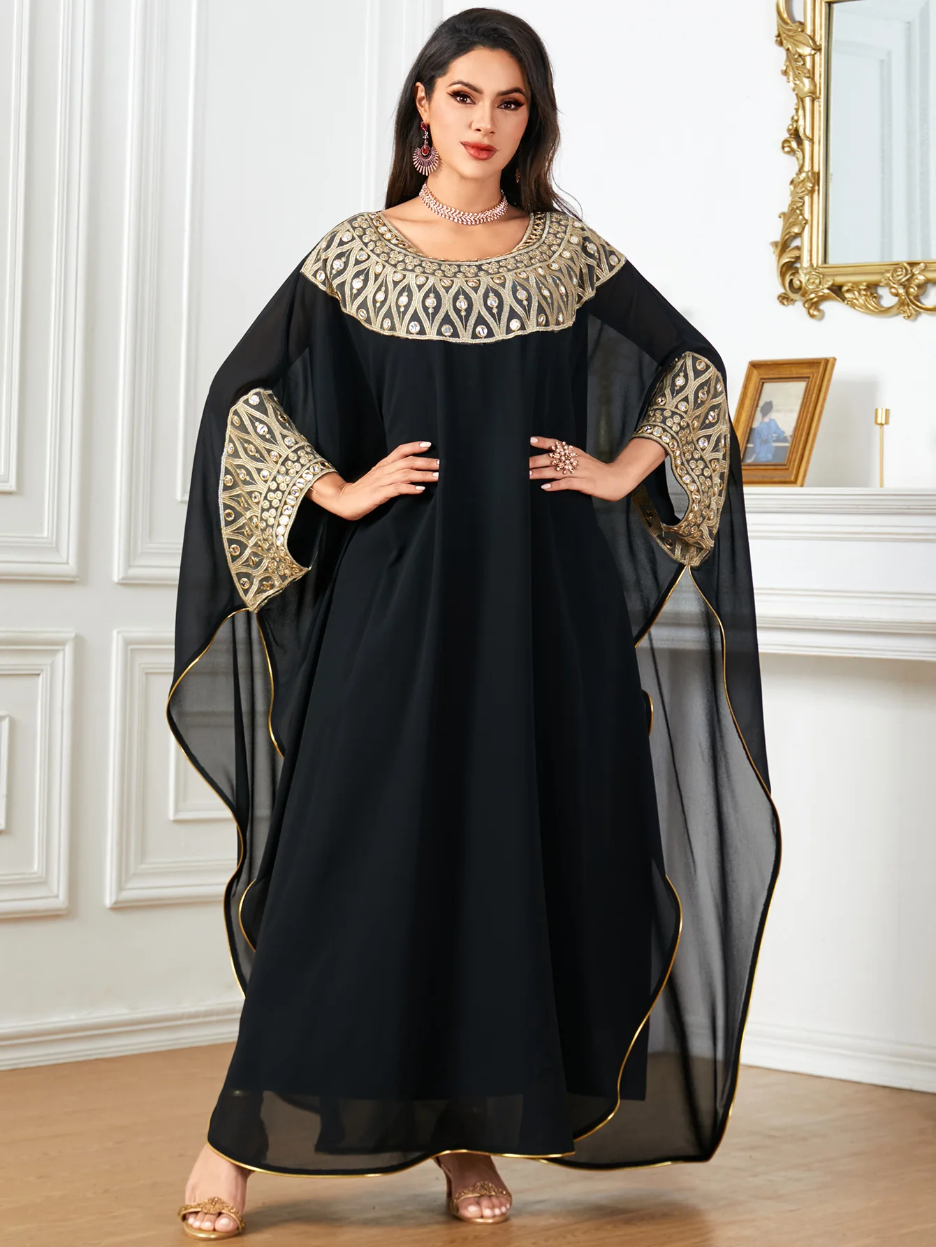 

Ramadan Morocco Muslim Islamic Middle East Wholesale Arab Bat Sleeve Loose Splicing Black Women's New Dress