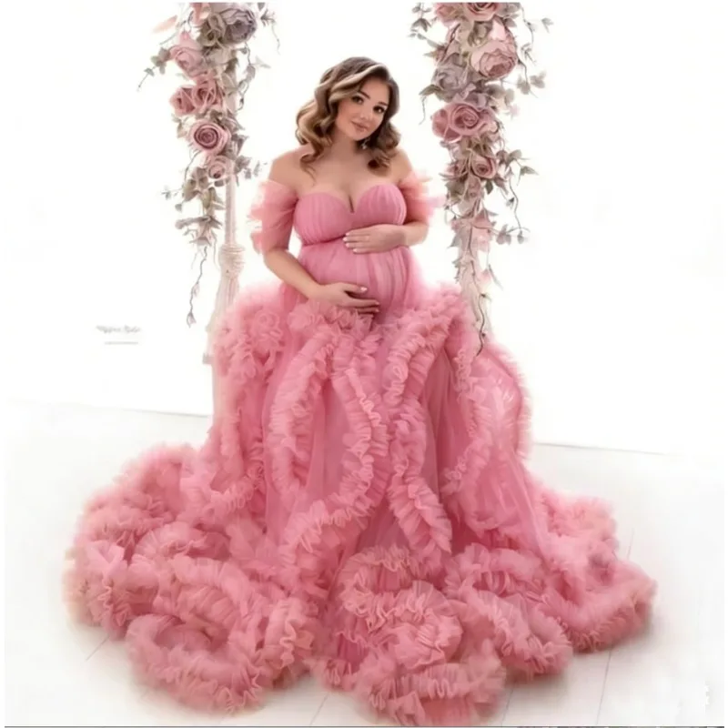 

Платье для фотосессии беременных с высоким разрезом - струящееся тюлевое платье с рюшами для беременных и детского душа - сексуальные коричневые платья для беременных