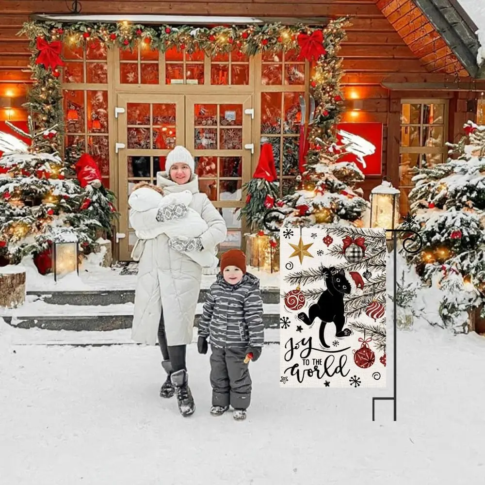 Christmas Garden Flag 12x18in สองด้านสีดํา Cat Joy to The World Ball Pine สาขาฤดูหนาว Garden Yard Flag xmas Holiday Seas