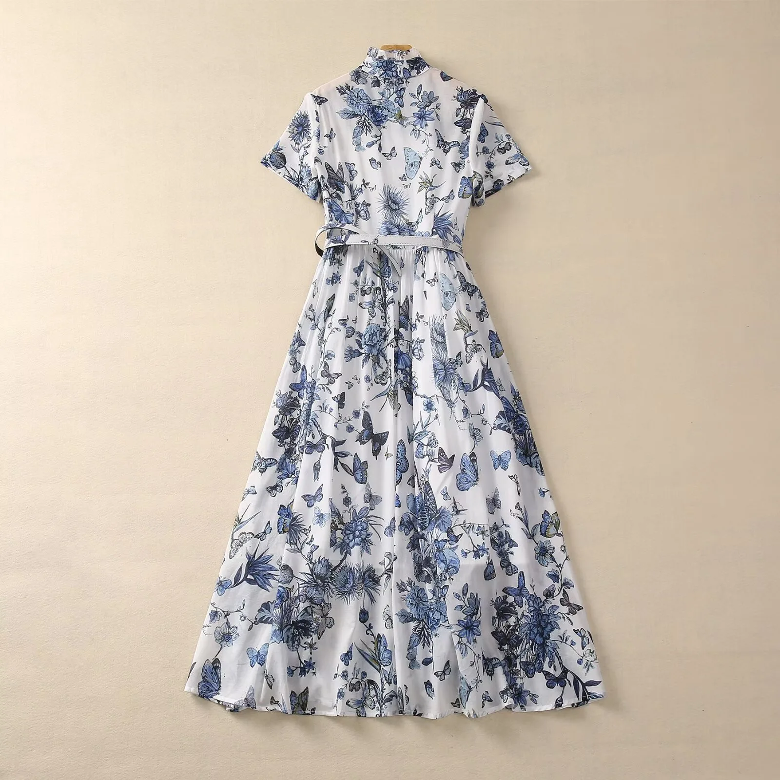 Fashion Spring Summer 100% Cotton Dress Women Ruffle Collar Short Sleeve Belt Floral Print Elegant Party Long Dress