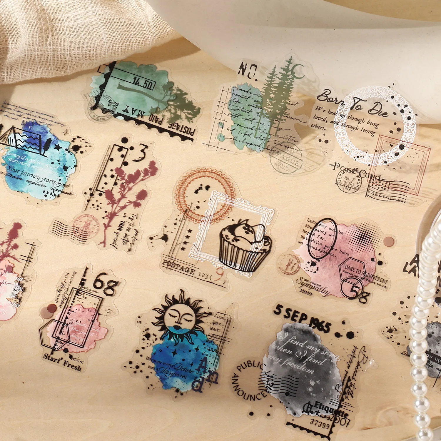 10 sheets Transparent Dreamy Literary Stickers with White Ink, Decorative Paper for Handmade Journal Scrapbooking DIY Craft