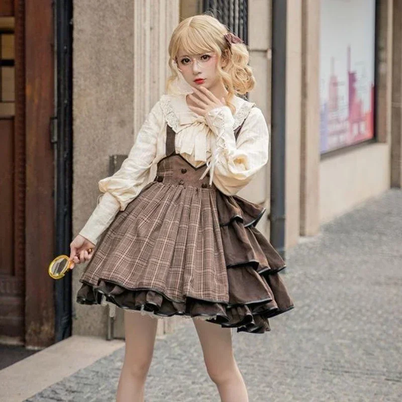 

Coalfell Vintage Cute Plaid Lolita Dress Women Japanese Layered Ruffle Strap Mini Dress Soft Girl Gothic Vestido Preppy Style