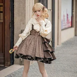 Coalfell Vintage Cute Plaid Lolita Dress Women Japanese Layered Ruffle Strap Mini Dress Soft Girl Gothic Vestido Preppy Style