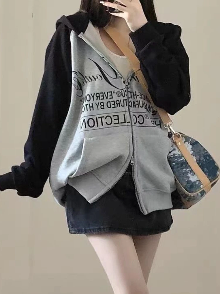 Vintage Loose Sweatshirt Women Tops Fashion Letter Print Hoodies Goth Jacket Y2k Aesthetic Harajuku Hzipper Femme All Match Coat