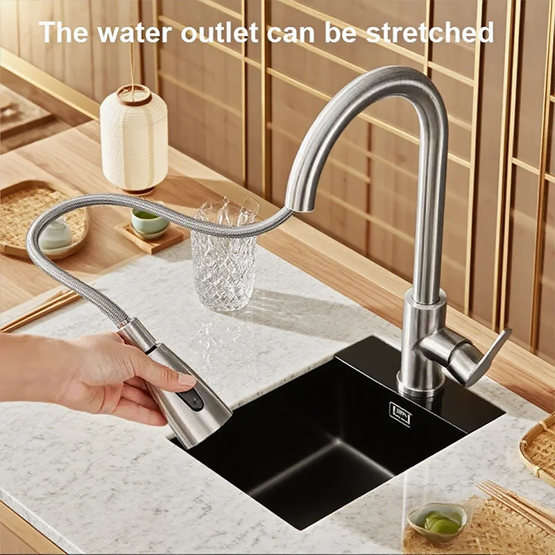 صنبور مطبخ من الفولاذ المقاوم للصدأ بفتحة واحدة صنبور سحب 360 صنبور خلاط حوض دوار مع رأس رش تدفق لسهولة التنظيف #6