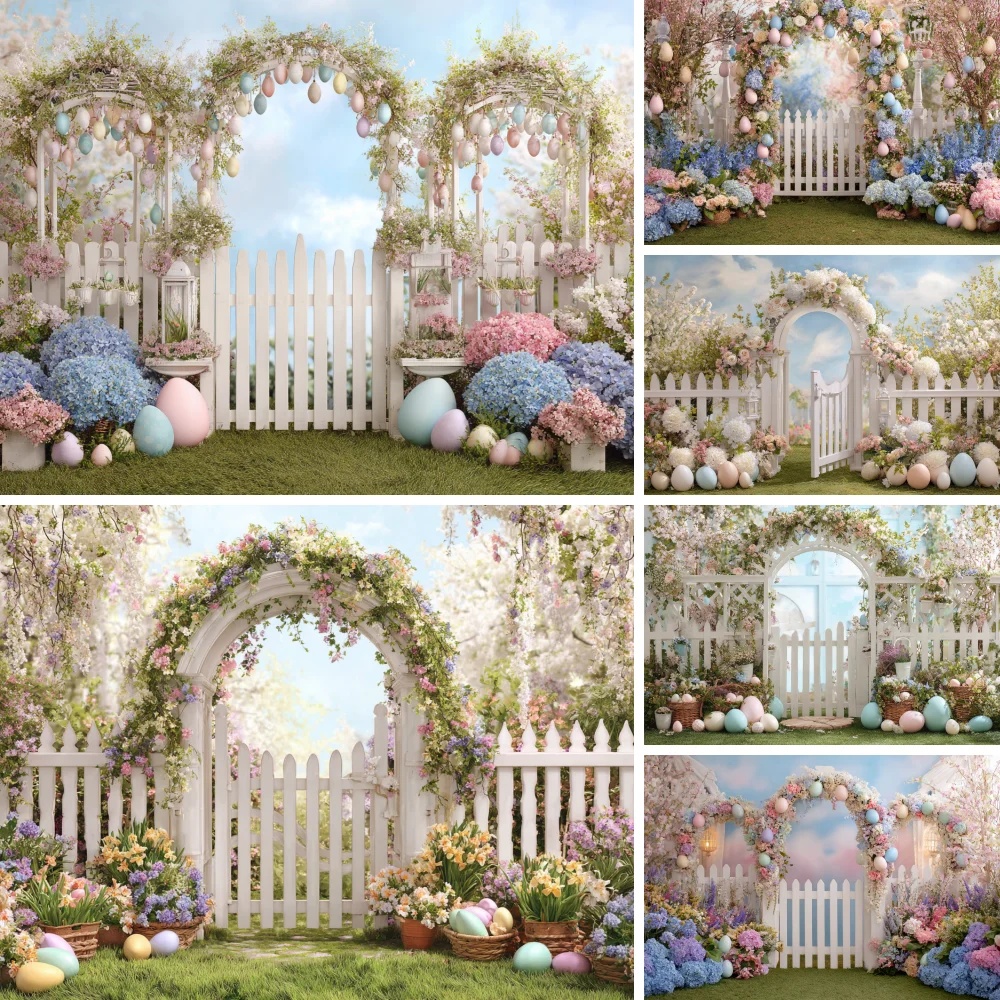 Easter Floral Garden Photography Backdrop Bunny Egg Fence Spring Decor Background Kids Birthday Holiday Portrait Studio