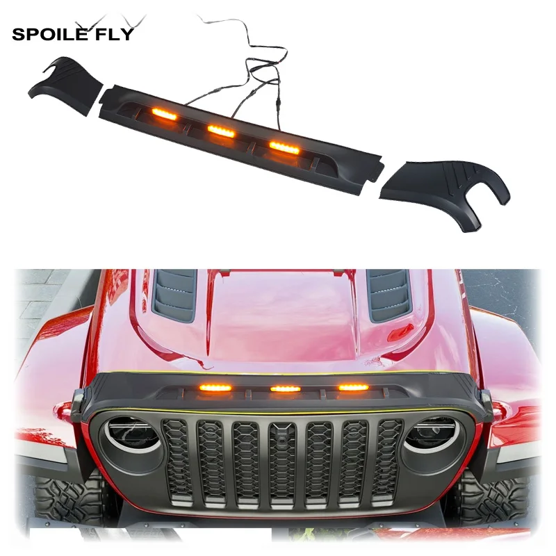 2020 To 2026 For Jeep Gladiator JT Wrangler JL Hood Protector  Aeroskin Lightshield LED Hood Bug Deflector Husky Stylish Black