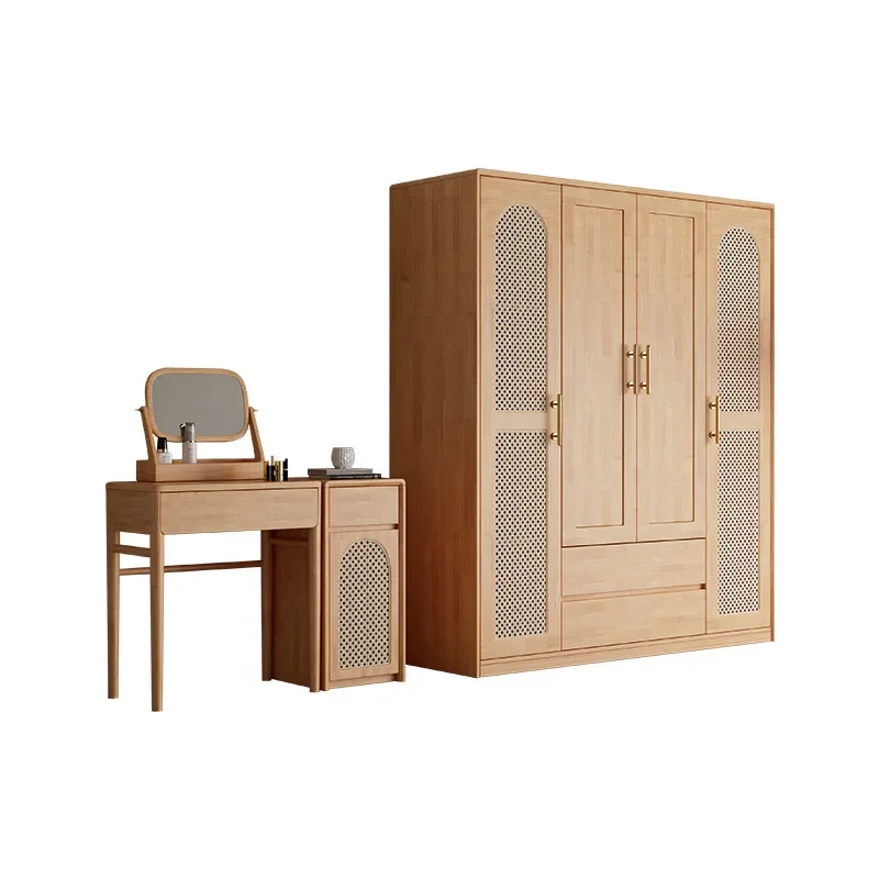 Nordic solid wood wardrobe modern minimalist master bedroom 4 door wardrobe side by side door storage cabinet wabi-sabi