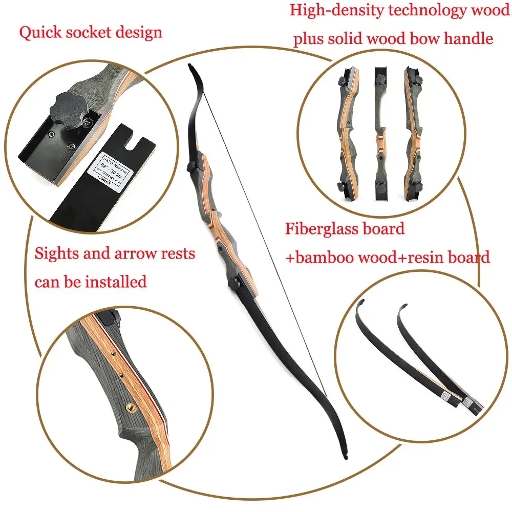 62inch 30-50lbs Recurve Bow Archery Takedown Hunting Bow Right Hand Tech Wood Riser Bamboo Core Limbs Outdoor Shooting