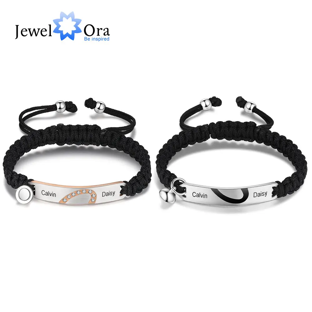 

Valentines Day Gift Personalized Heart Couple Bracelet Magnetic Custom Name Engraved Black Adjustable Rope Bracelets for Lovers