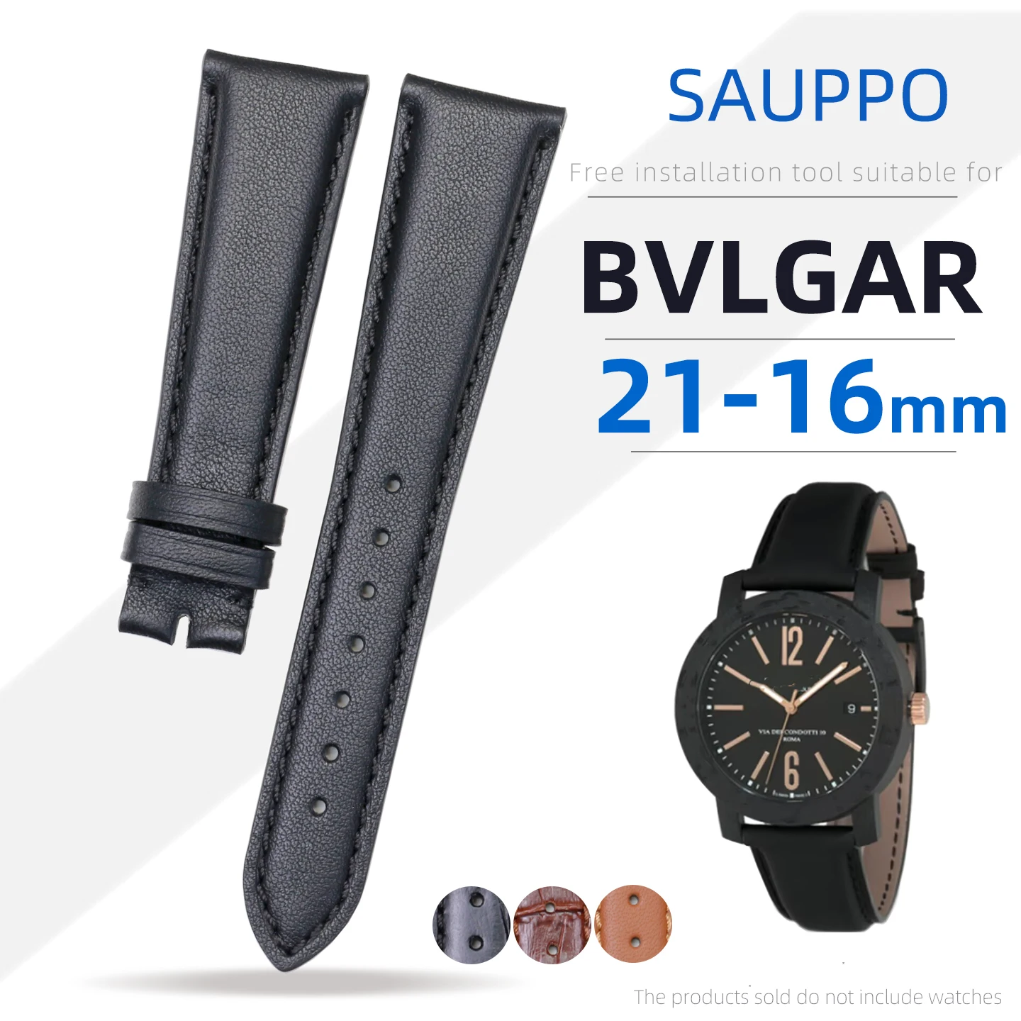 سلاسل ساعات من الجلد الطبيعي مناسبة لحزام ساعة رجالي BVLGARI BB42W 21 ملم حزام ساعة مسطح من جلد البقر باللون الأسود والبني والذهبي