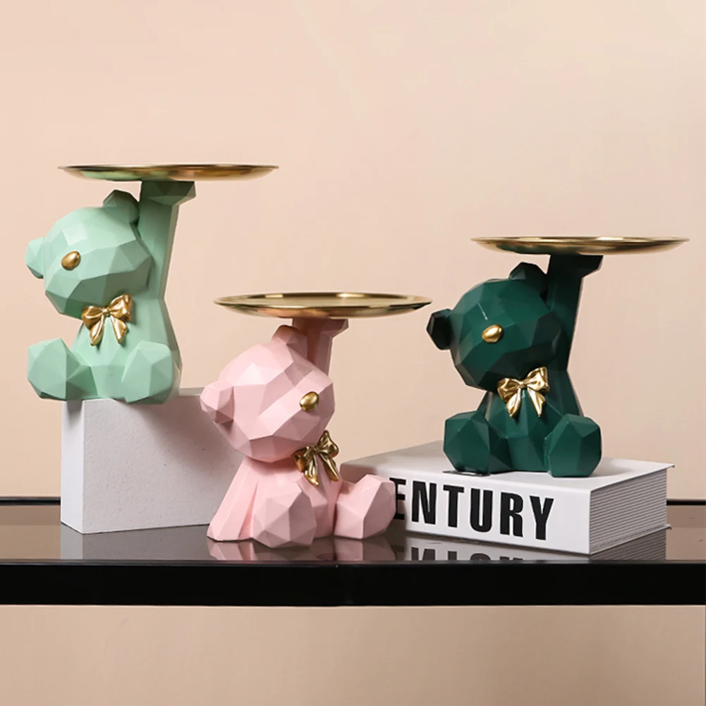 Geometric Shape Resin Statue Bear Tray Piggy Bank Keys Candy Cosmetic Lipstick Jewelry Storage Box Display Shelf Decoration