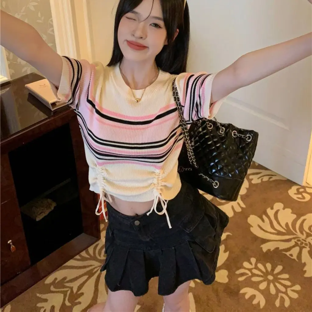 

Style Women's Vintage Slim Fit T-shirt Stripe Drawstring Strap round Neck Shoulder Top for Summer Fashion Sense