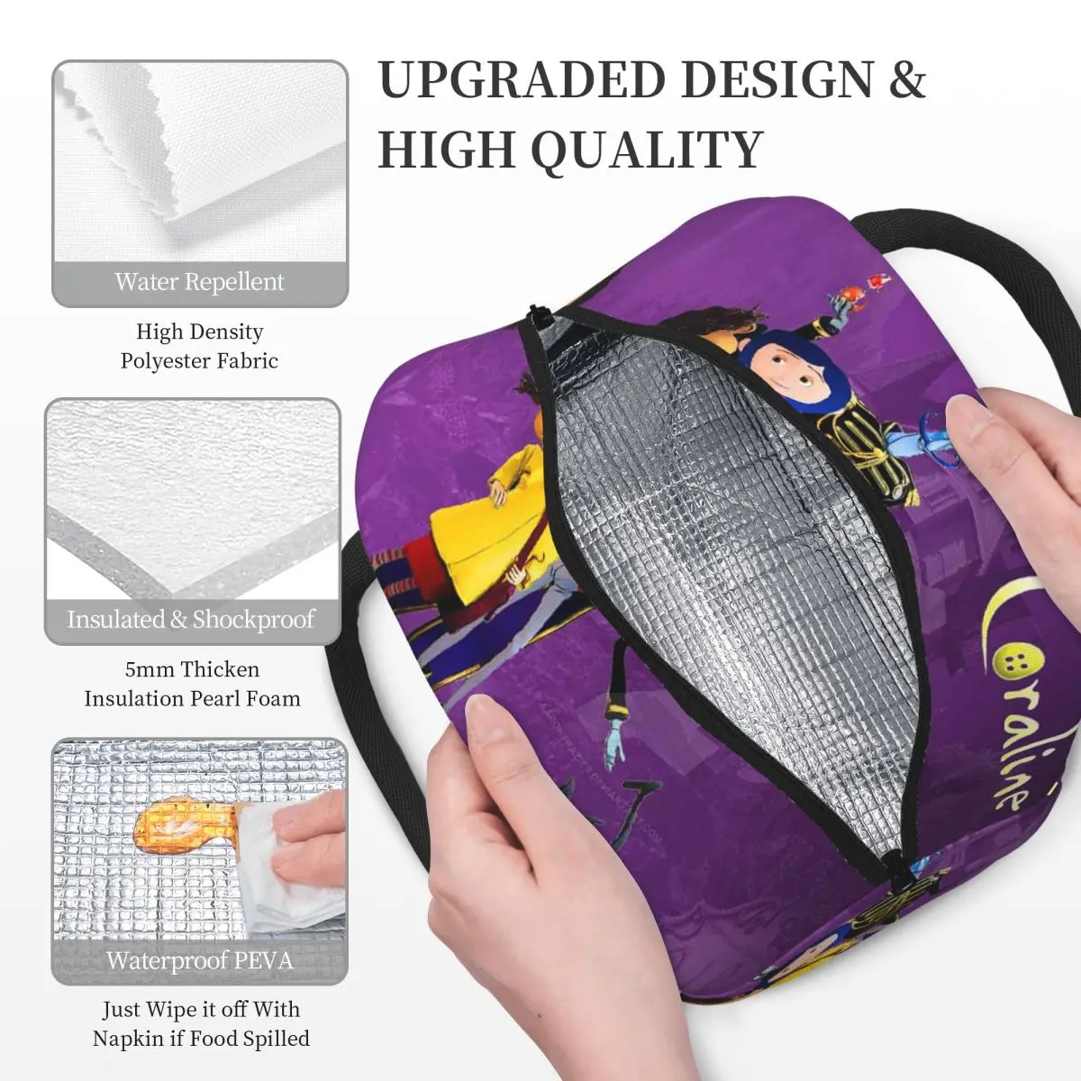 Coralines Halloween Cartoon Anime Borse per il pranzo Bento Box isolato Borsa per il pranzo portatile Borsa da picnic Borsa termica per donna Ufficio per bambini