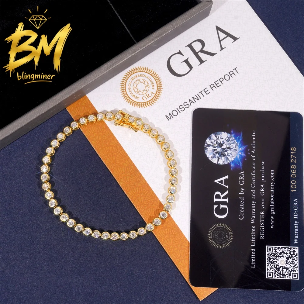 Blingminer 3mm Round VVS Moissanite Tennis Chain Bracelet For Men Women S925 Silver Jewelry Pass Diamonds Tester Free Shipping