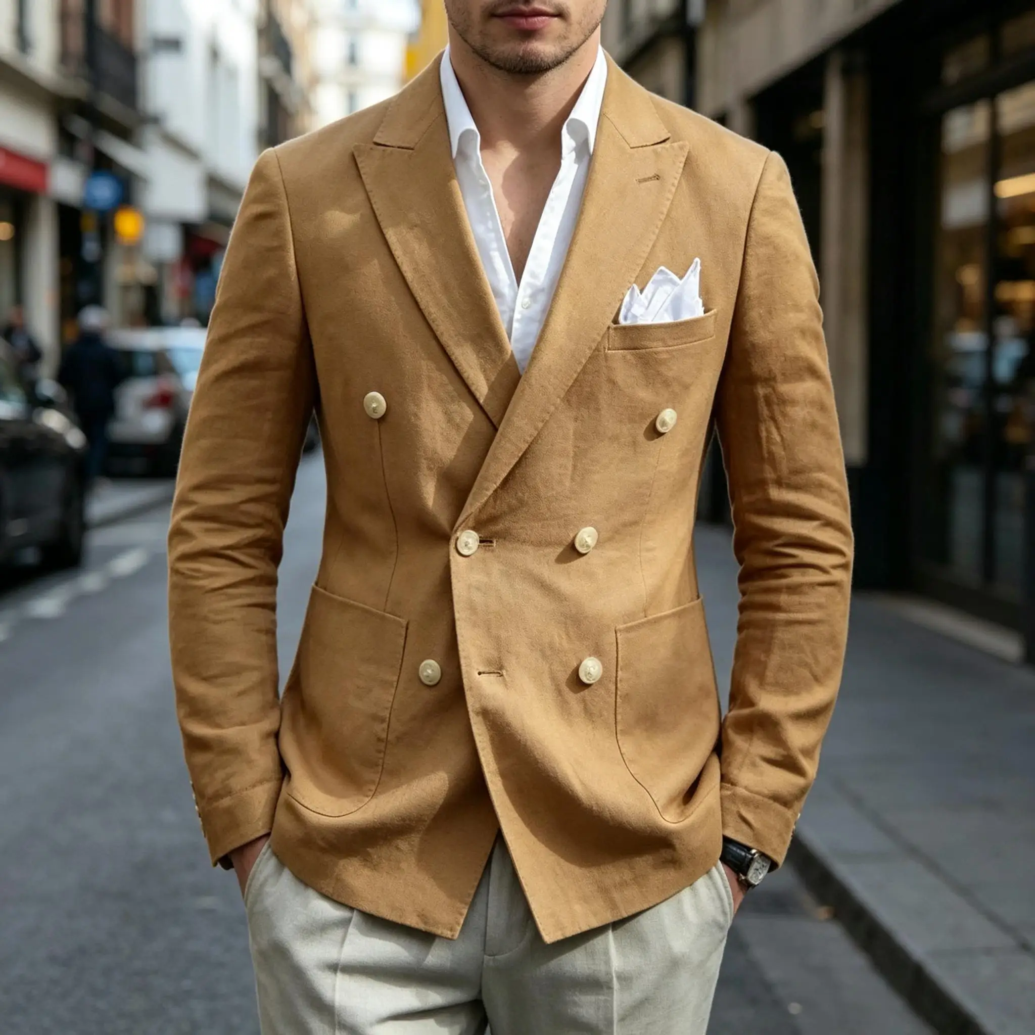 

Summer Beach Linen Blazers Hombre Double-Breasted Casual Men's Jacket Slim Fit Men's Streetwear Lightweight Breathable Coat