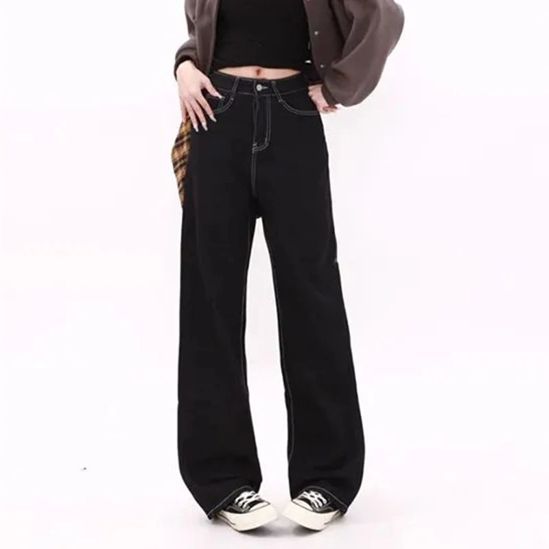 Hot Sale Girls Classic Black Straight Leg Jeans Female High Waist Baggy Trousers Lady Fashion Solid Color Denim Pants