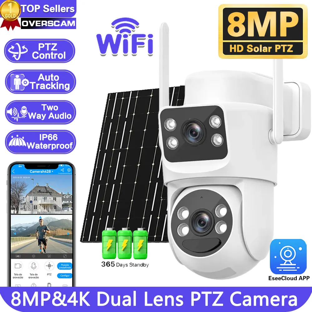 

Dual Lens Outdoor 8MP 4K WiFi Built-in Battery-Powered IP66 Waterproof Camera PIR Human Detection With Solar Panel Charging PTZ