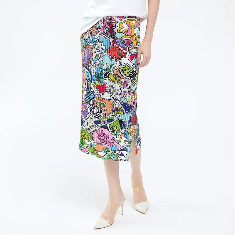 Skirt For Women 45-75kg Summer Fashion GRAFFITI Printed Slimming Split Stretch Miyake Pleated Butt-Hugging Skirt Midi