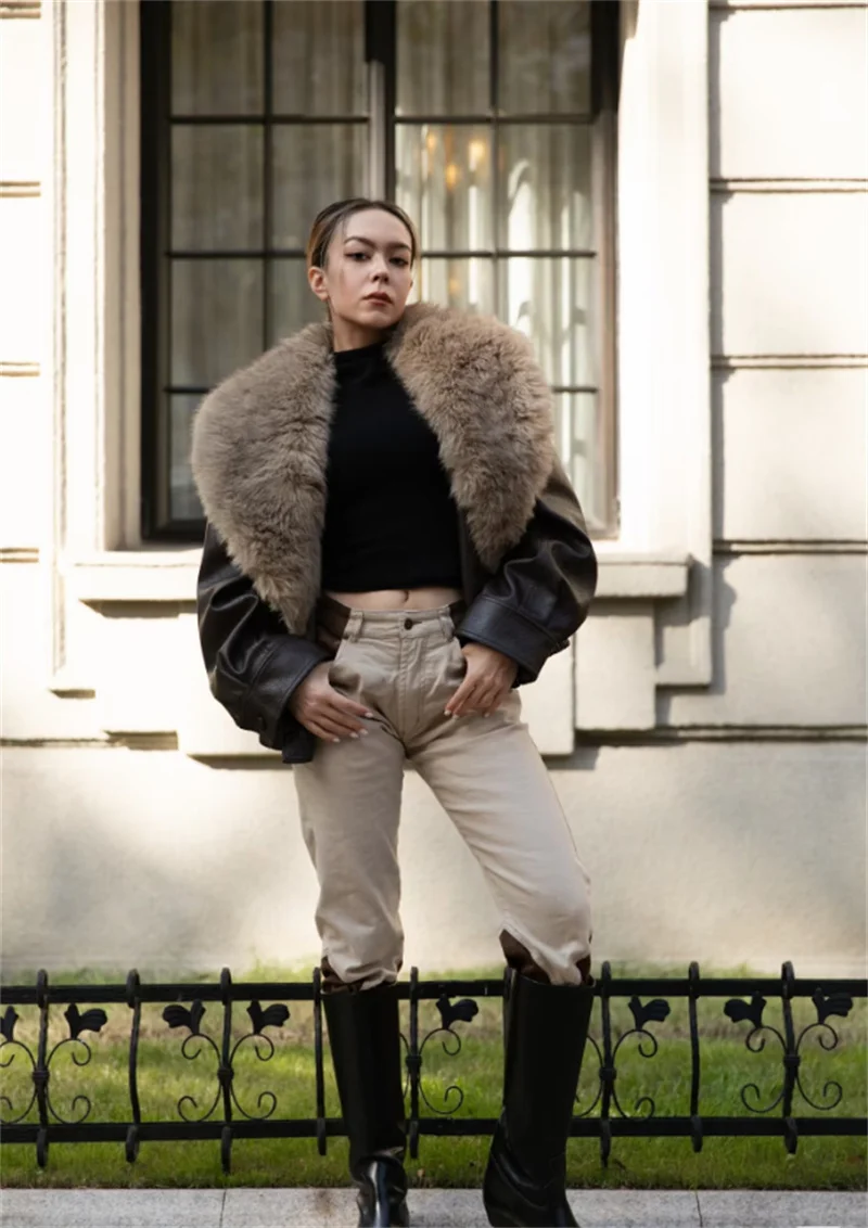 Guobioziy Women's Jacket 2026 Autumn Winter New Fashion Brown Textured Imitation Leather Jacket Detachable Large Fur Collar Wome