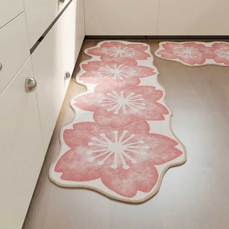 VIKAMA Sakura Kitchen Mat, Pink Cherry Blossom Petal Edge Long Floor Mat, Kitchen Rug for Sink Stove, Washable Cooking Area Mat