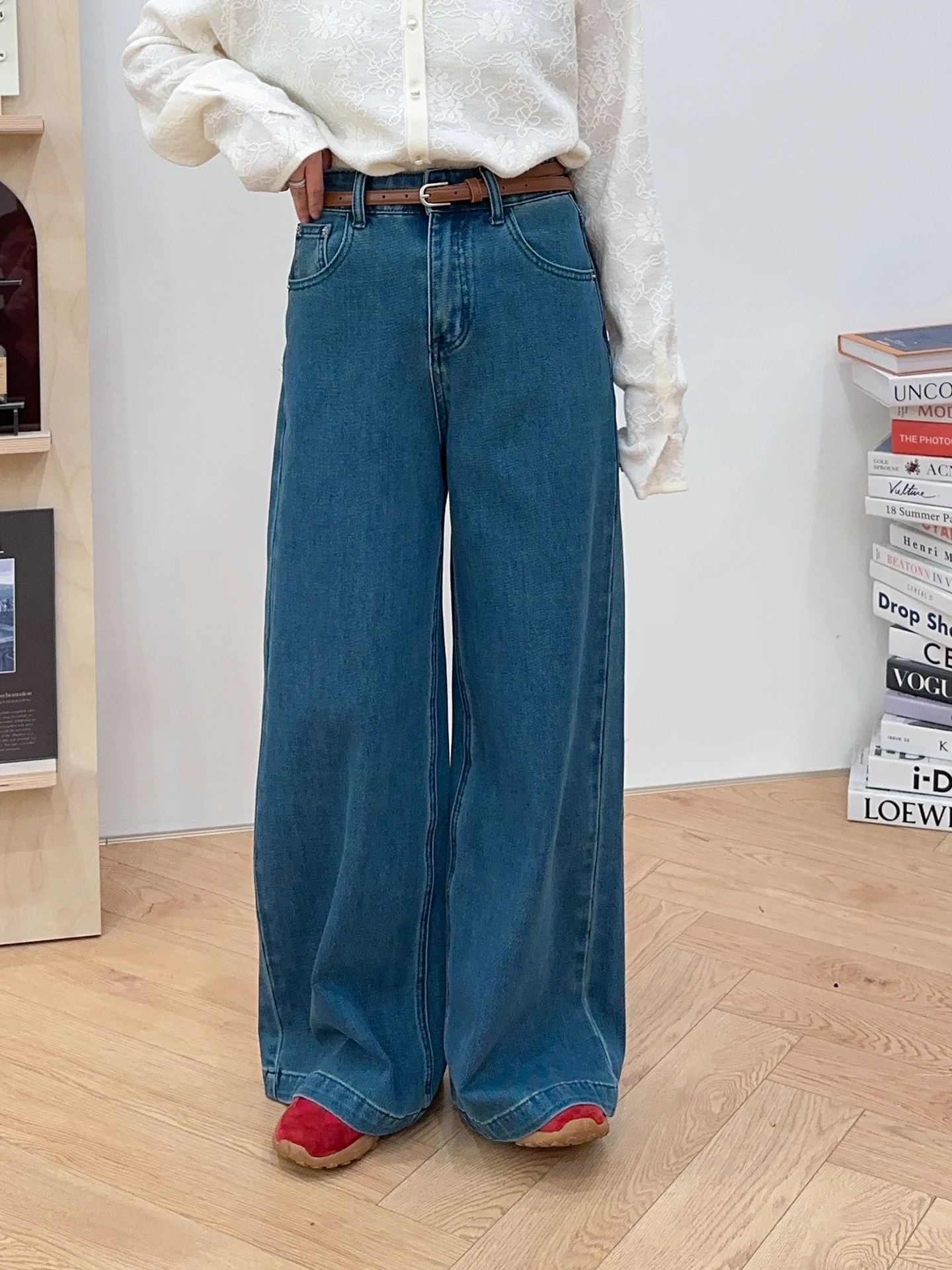 

High Waist Four-Way Stretch Denim Pants Versatile All-Match Long Trousers Spring Autumn Ladies Comfortable Warm Wide Leg