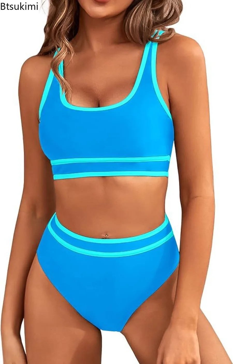 2025 Women's Sporty Strappy Bikinis High Waist Swimsuit Solid Sexy Swimwear Female Bathers Bathing Swimming Swim Suit Beachwear