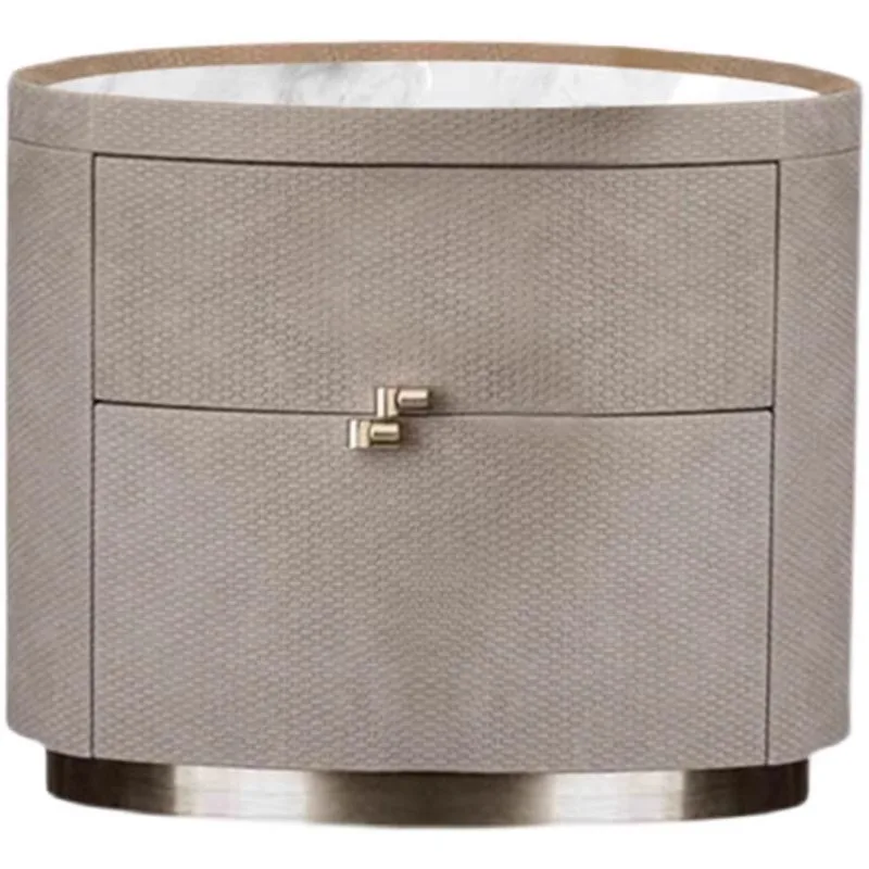

wood oval bedside table with Double drawers rock slab countertop modern nightstand for Living room bedroom PU Leather night tabl