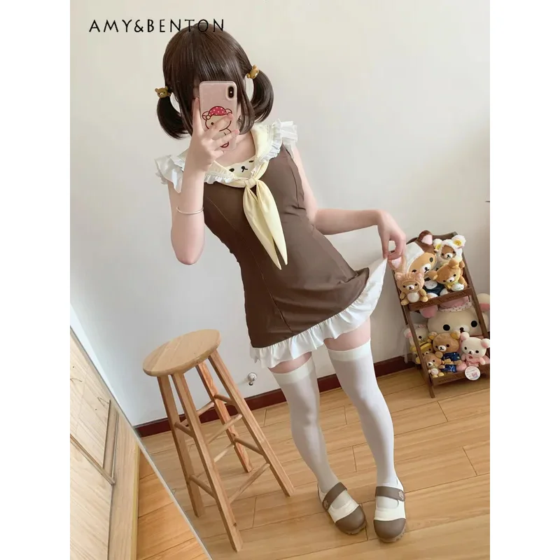 

25COSSubculture мультяшный принт купальник женский милый галстук-бабочка темно-синий воротник с рюшами по краям без рукавов тонкий цельный купальник сексуальный купальник