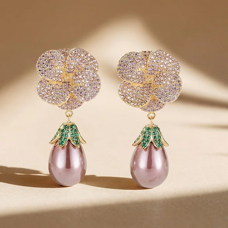 

Luxury Cubic Zirconia Flower Drop Earrings for Women Elegant Micro Pave Floral Petal Teardrop Simulated Pearl Dangle Earrings
