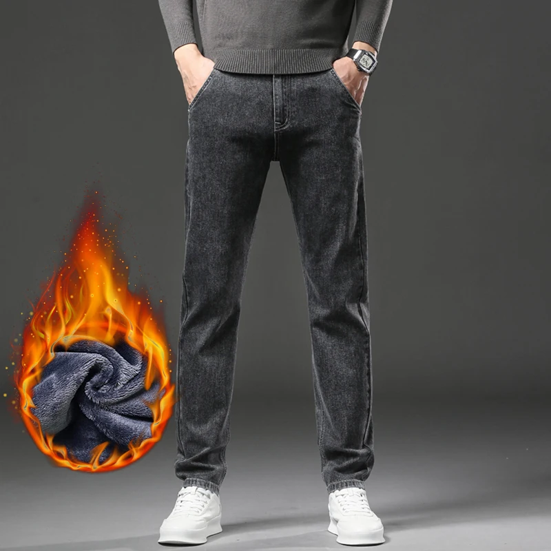 الشتاء الرجال الجينز سميكة الصوف الأعمال موضة خمر نحيل السراويل الطويلة عادية بلون سراويل جينز الشارع الشهير الذكور