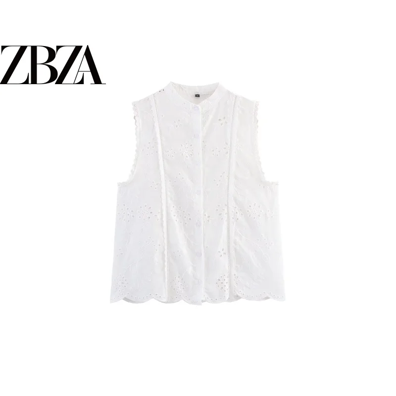 Pure Color Hollow out Embroidery Sleeveless Shirt Versatile Casual Style Women's Top Polyester Fabric Summer Collection