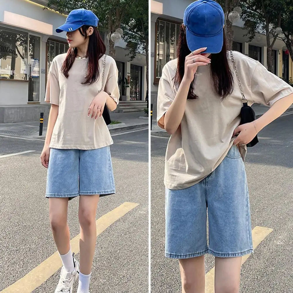 Summer Short Jeans Vintage Denim Shorts with Adjustable Waist Pockets for Women Knee Length A-line Jeans with Zipper Closure