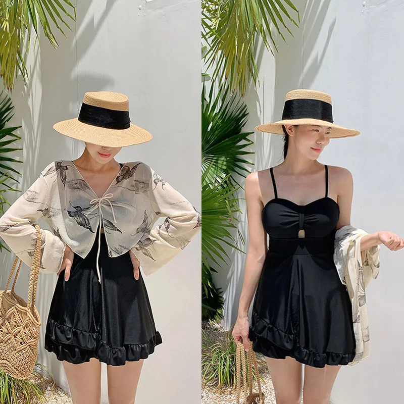 2026 Hot Girl 2-Piece Swimsuit Set Women's Modest Tummy Control Slimming One-Piece with Sun Protective Halter Cover-Up