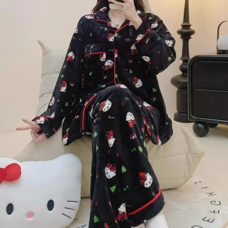 Hot Sanrio Girl Coral Fleece Cardigan Keep Warm Leisure Time Pajama Set Winter Kawaii Hello Kitty Thickening Go Out Leisure Wear