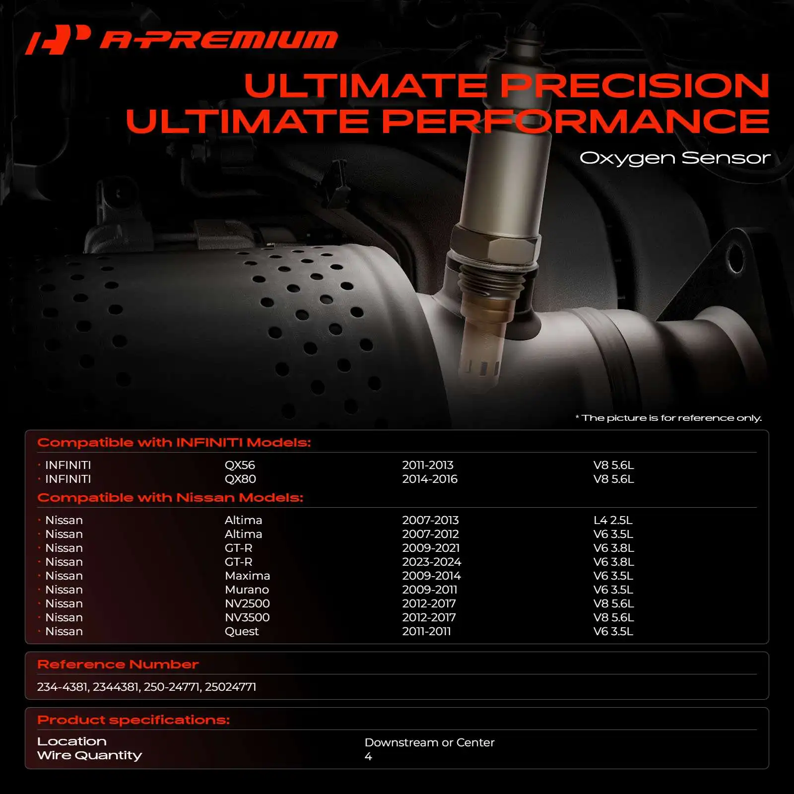 A-Premium Downstream or Center O2 Oxygen Sensor for Nissan Altima GT-R Maxima Murano NV2500 NV3500 INFINITI QX56