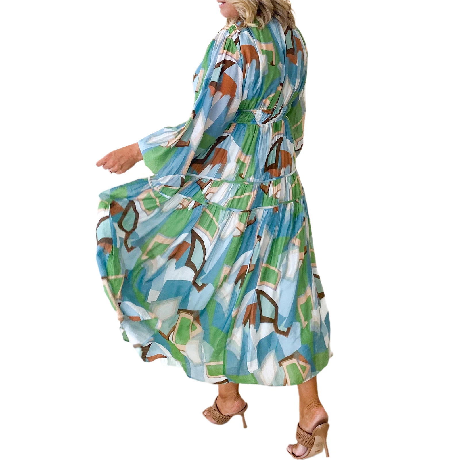 Robe longue bohème à imprimé floral pour femmes, col en V, manches longues, décontracté, élégant, plage, vacances, fête