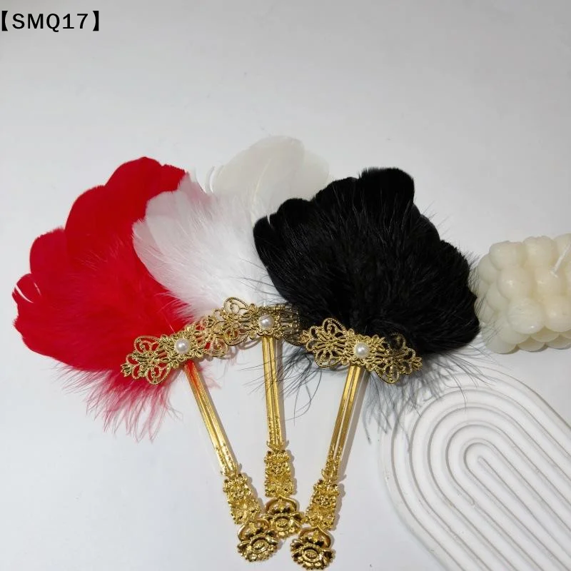 1Pcs Gold Handle Colorful Vintage Fluffy Feather Hand Fan Chinese Style Fairy Fan Dance Fan Stage Performances【SMQ】