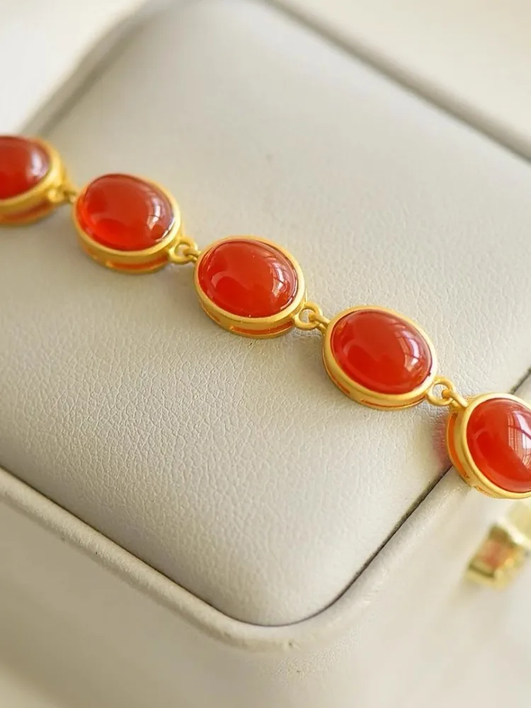 Bracelet en Agate Rouge Naturelle Plaquée Or en Argent Sterling S925, Bijoux Fins de Luxe pour Femme