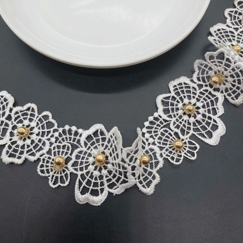 Delicate water soluble embroidery Gold beaded flower lace DIY fashion dress Pants skirt Bra underwear trim Sewing materials