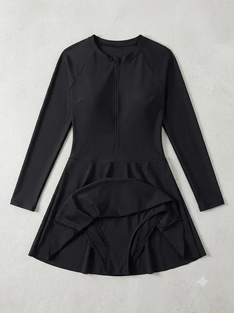 JEWELRY SEN Women Long‑Sleeve One‑Piece Swimsuit With Skirt Front Zip Rash Guard Modest Tummy‑Control Bathing Suit Beach Suit