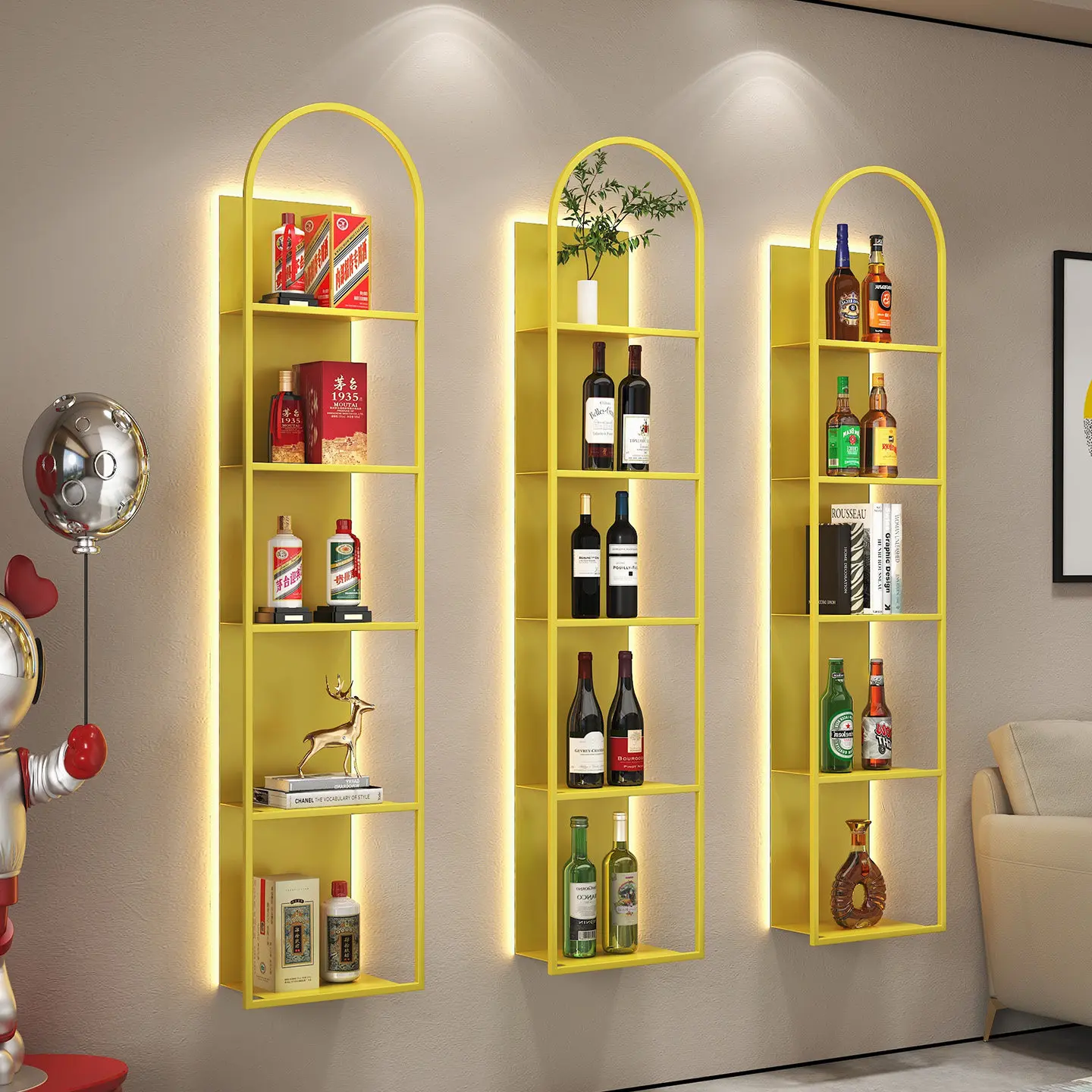Minimalist bookshelf wall-mounted wine rack multi-layer display rack restaurant shelf display art laminate with lighting