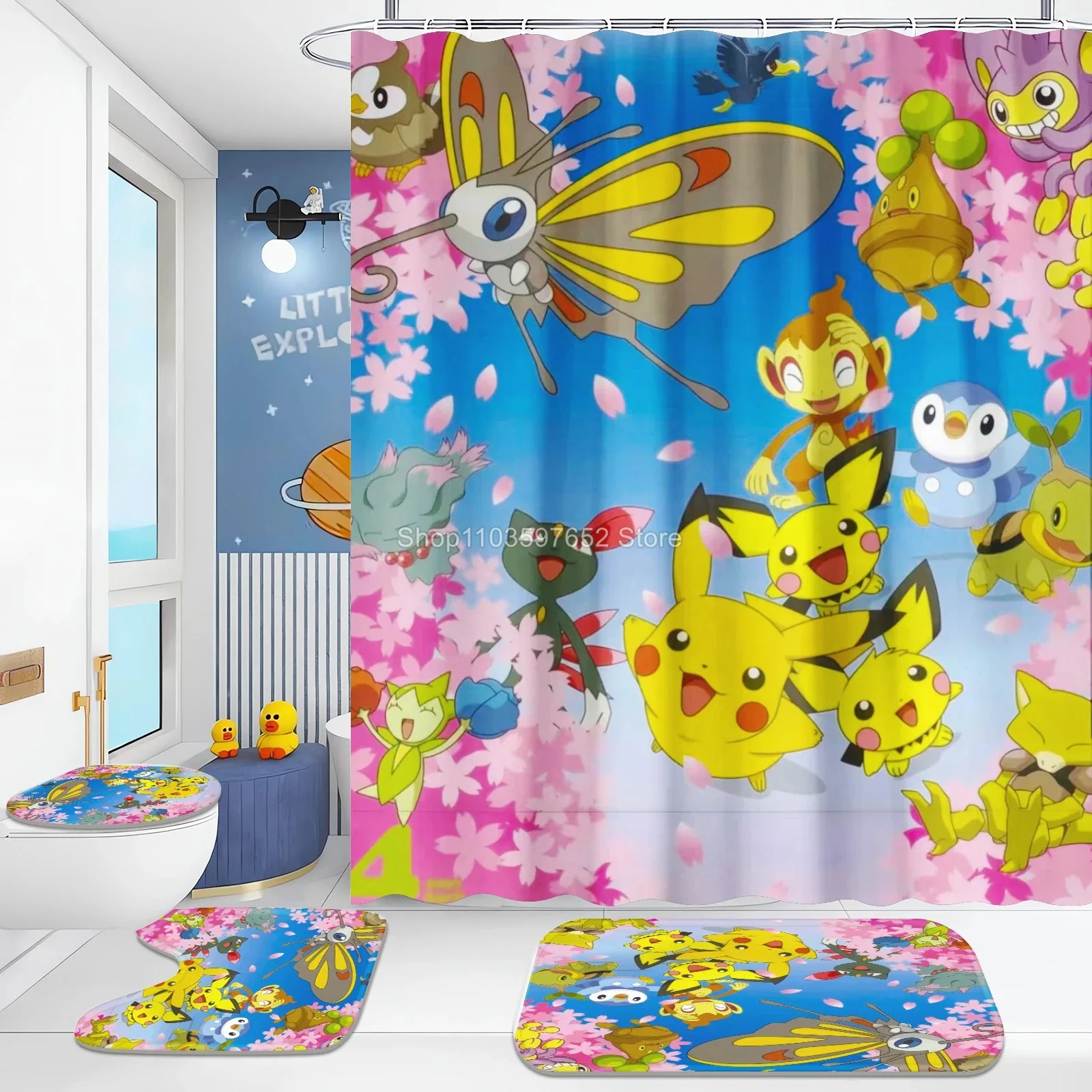 Pokemon Pikachu Charmander Kawaii Anime Cartoon Non-slip Mat Set Waterproof Shower Curtain Pedestal Toilet Cover Bath Mat Rug